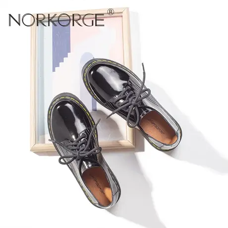 2023新款春秋复古甜酷亮面黑系带单鞋女鞋真皮圆头厚底增高小皮鞋商品大图