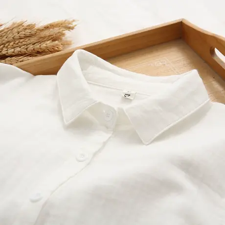 春秋季文艺婴儿棉纯色双层棉纱衬衫女宽松百搭工作职业装显瘦上衣商品大图