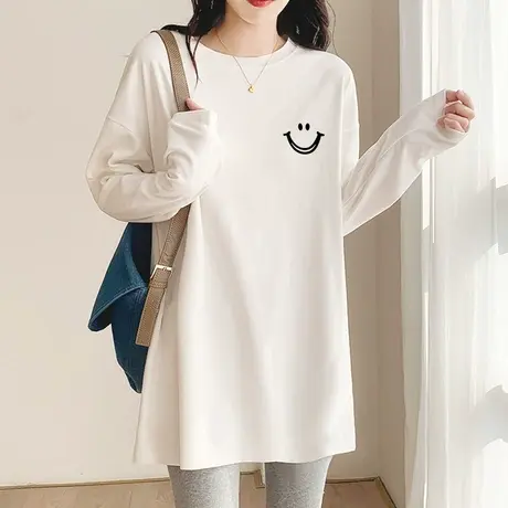 白色打底衫春秋洋气内搭可爱笑脸印花宽松纯棉秋装中长款长袖T恤商品大图