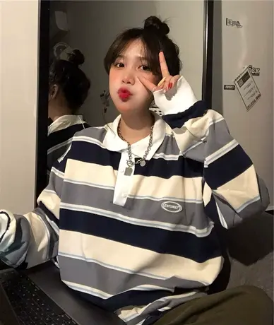 高级感小众美式复古卫衣女学生慵懒风撞色条纹polo领长袖t恤上衣商品大图