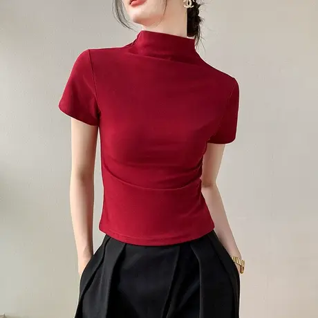 半高领基础款短袖t恤女2023秋季新款修身白色纯棉内搭打底衫上衣商品大图