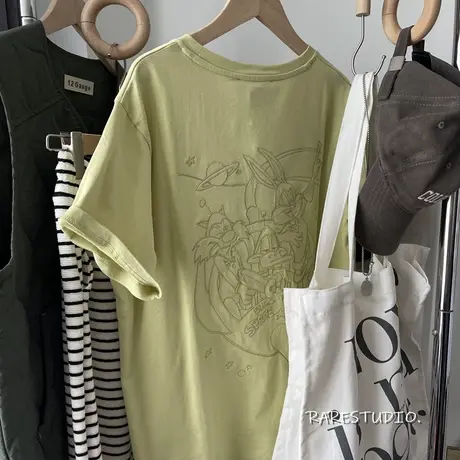 重工刺绣后背卡通减龄别致高级感半袖棉T恤韩系百搭宽松体恤商品大图