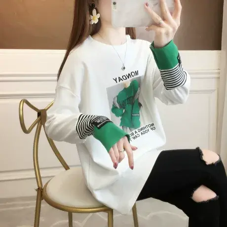 早春装长袖t恤女春秋季韩版宽松大码女装中长款内搭打底衫上衣服商品大图
