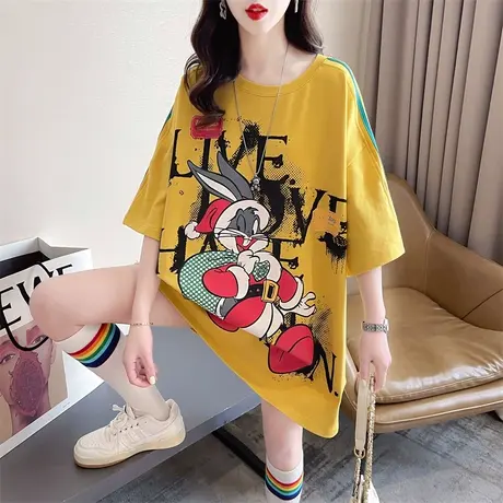 短袖t恤女夏季韩版宽松大码女装中长款百搭涂鸦下衣失踪上衣服潮商品大图