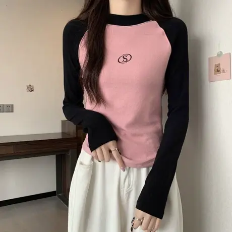 小个子短款正肩长袖T恤女初秋韩版修身显瘦撞色纯棉打底小衫上衣商品大图