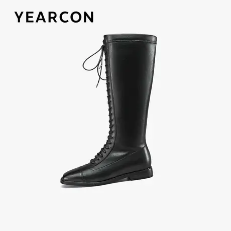 意尔康真皮交叉绑带长筒靴女2023年冬款方头平底不过膝帅气骑士靴商品大图