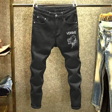 秋冬款黑色牛仔裤男士潮牌修身百搭裤子欧货奢侈狼图案烫钻小脚裤商品大图