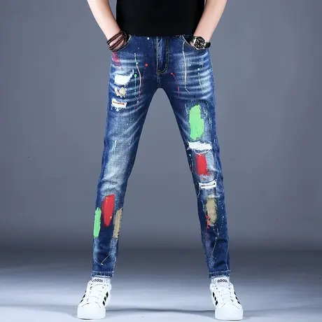 男士涂鸦泼墨破洞牛仔裤男款高端潮牌潮流裤子休闲新因素秋款新款商品大图