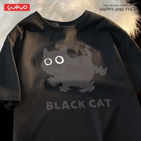 悦游 黑色印花短袖 迷幻黑猫白狗纯棉短袖T恤男猫狗日系卡通图片