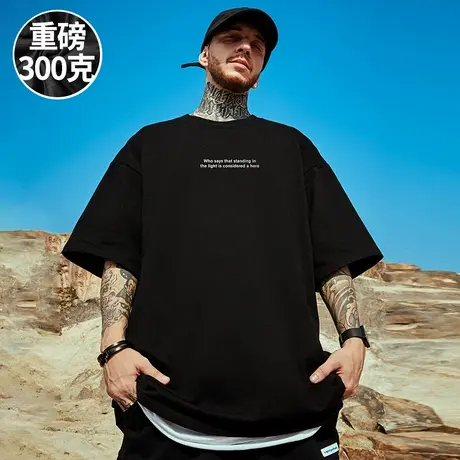 300g重磅美式胖子短袖t恤加肥加大码黑色圆领纯棉简约半袖男潮流商品大图