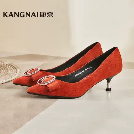 康奈官方女鞋时尚优雅单鞋复古尖头水钻低跟婚鞋气质小猫跟高跟鞋图片