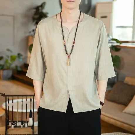 男中国风纯色大码T恤潮流休闲棉麻短袖V领宽松透气复古七分袖汉服图片