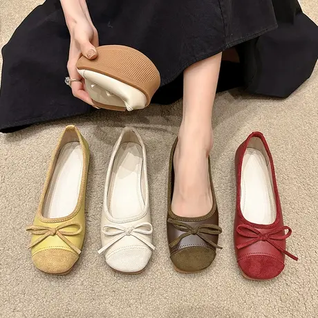 复古奶奶鞋方头豆豆鞋女2023年新款浅口工作平底单鞋小香风蝴蝶结图片