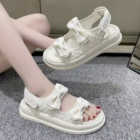 小香风凉鞋女2023年新款夏季百搭厚底平底蝴蝶结运动魔术贴罗马鞋商品大图