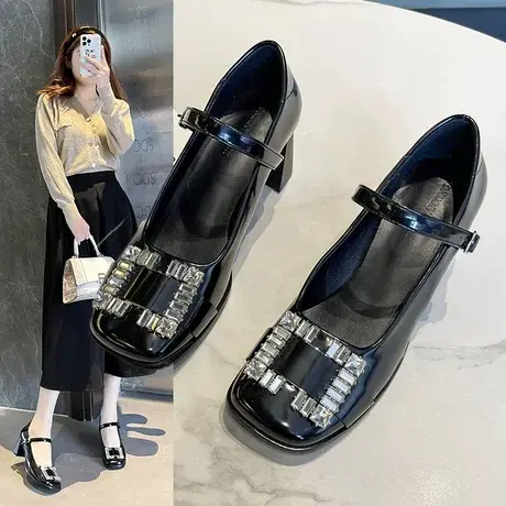 法式复古水钻方头单鞋女时尚漆皮扣带气质小皮鞋女粗跟玛丽珍女鞋商品大图