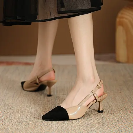 法式小众尖头拼接高跟鞋女细跟2023年夏季新款气质百搭一字带单鞋商品大图