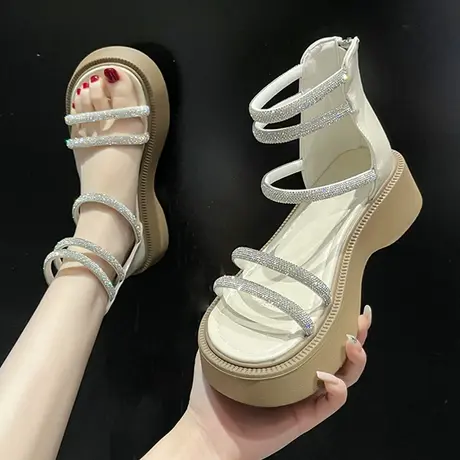 仙女凉鞋女夏2023年新款水钻松糕厚底露趾配裙子后拉链韩版罗马鞋商品大图