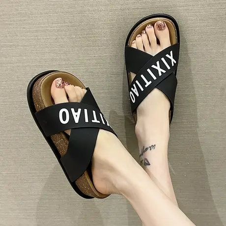 踩屎感凉拖鞋女夏季外穿时尚字母交叉厚底增高坡跟沙滩防滑一字拖商品大图