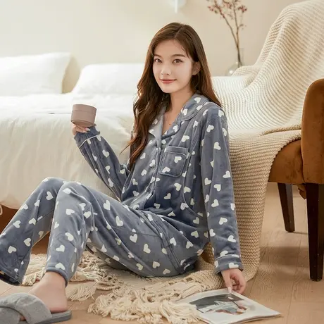 十月妈咪月子服套装春秋产后怀孕期可哺乳期爱心印花家居睡衣套装商品大图