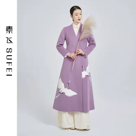 素飞唐装女装春季新款紫色中式国风毛呢刺绣大衣外套禅意茶艺服装商品大图