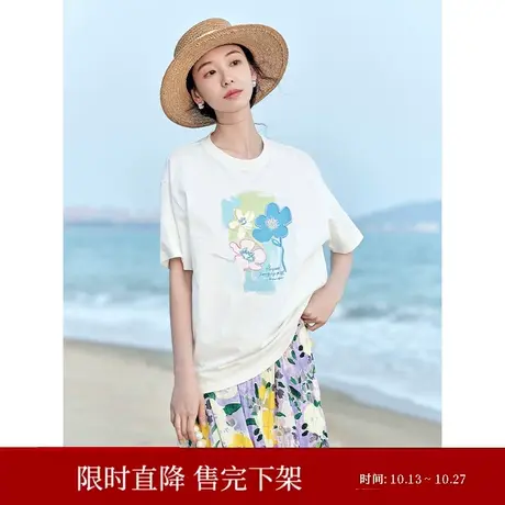 茵曼清新休闲T恤2023夏女装新款圆领流苏绣印花图案短袖宽松上衣商品大图