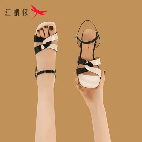 红蜻蜓方头凉鞋女2023年夏季新款一字带粗跟单鞋女中跟中年妈妈鞋商品大图