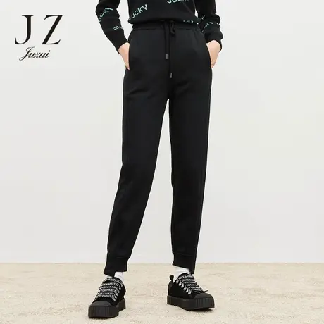 JUZUI玖姿冬季新款黑色松紧抽绳卫裤舒适不规则脚口女休闲裤商品大图