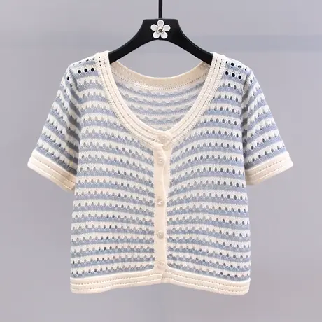 小香风条纹镂空短袖针织开衫女夏季2023新款日系设计感短款外套图片