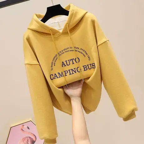 加绒卫衣女宽松韩版秋冬2023新款ins慵懒风原宿连帽印花长袖加厚商品大图