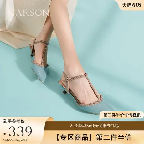 哈森包头凉鞋女夏季新款仙女鞋法式尖头铆钉小猫跟单鞋HM17807图片