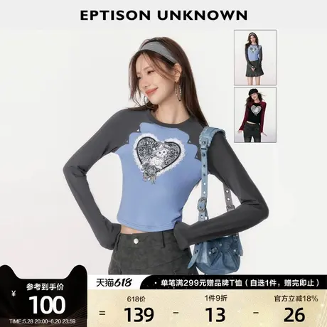 EPTISON长袖T恤女2025春季新款蕾丝拼接小猫可爱风减龄短款上衣商品大图