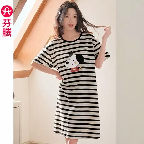 芬腾睡裙女夏季纯棉短袖条纹薄款睡衣裙可爱宽松家居服连衣裙夏天商品大图