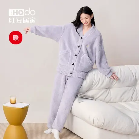 红豆居家珊瑚绒睡衣女冬季甜美可外穿加厚开衫外套保暖家居服套装图片