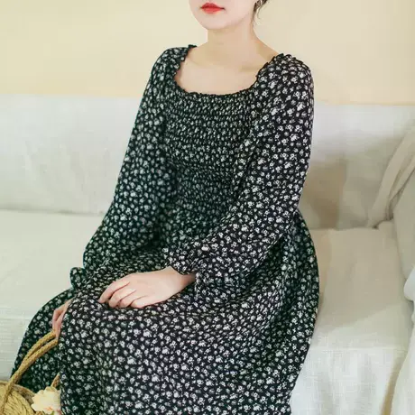 胖妹妹2025秋装法式方领显瘦雪纺印花长袖连衣裙图片