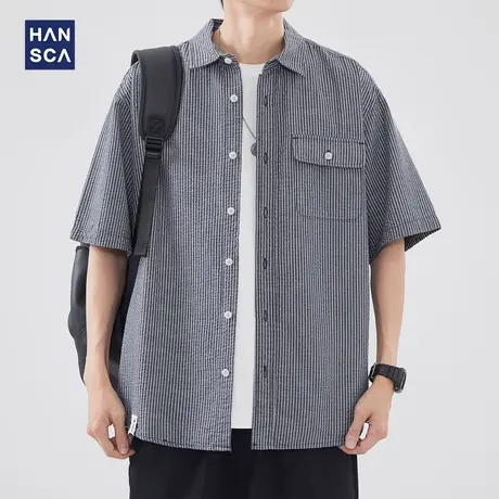 hansca日系翻领短袖衬衫男夏季薄款山系竖条透气凉爽休闲上衣外套商品大图