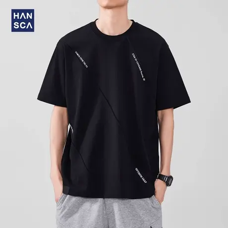 hansca 日系简约字母印花短袖t恤男2025夏季几何压褶210g重磅上衣商品大图