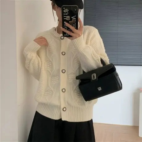 复古麻花针织开衫女春秋款圆领宽松2025新款慵懒洋气毛衣外套上衣商品大图