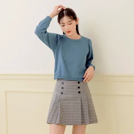 桔熊春秋季韩版小个子纯色舒适t恤泡泡长袖短款上衣女大码AB16436商品大图