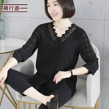 2023新款冬季V领胖MM中年妈妈长袖女雪纺衫蕾丝大码休闲黑色开衫图片