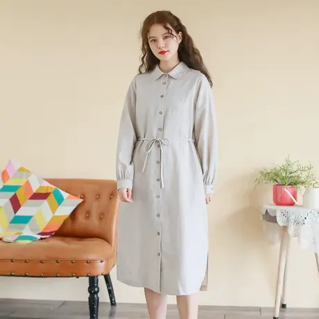 胖妹妹秋季新品文艺复古棉麻长袖连衣裙 大码微胖简约显瘦衬衫裙商品大图