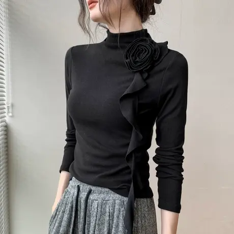 歌倍尚半高领长袖打底衫女2025早秋立体玫瑰设计感荷叶边t恤上衣商品大图