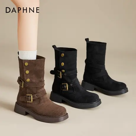 达芙妮棕色西部牛仔靴女2025秋冬新款美拉德短靴中筒堆堆骑士靴子商品大图