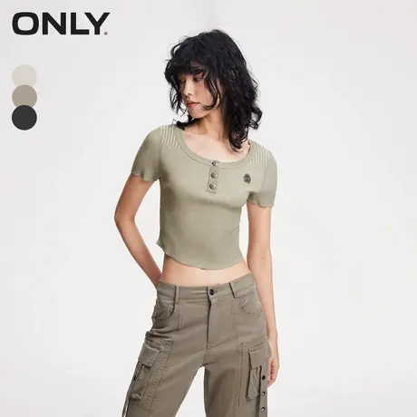 【ONLY奥莱清仓】秋季时尚简约修身圆领短款短袖针织衫女图片