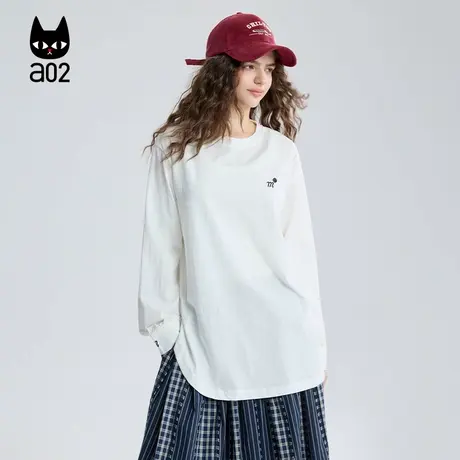 a02宽松白色长袖T恤女2025新款秋季圆领上衣早秋打底衫通勤穿搭图片