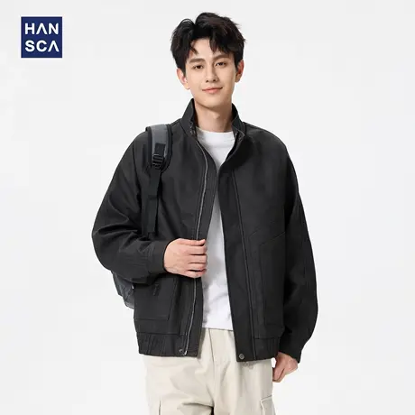 hansca美式复古立领皮衣外套男2025新款潮流宽松大码字母刺绣夹克图片