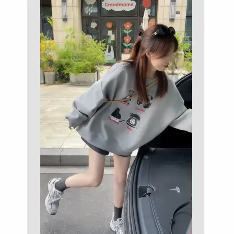 灰色圆领卫衣女秋冬2025新款爆款早秋薄款无帽加绒加厚长袖上衣潮商品大图