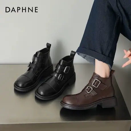 达芙妮棕色短靴女2026新款冬季美拉德加绒马丁靴复古瘦瘦靴机车靴图片