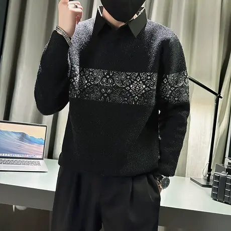 秋冬季衬衫领毛衣假两件男印花拼接高级感小众毛呢针织衫上衣外套商品大图