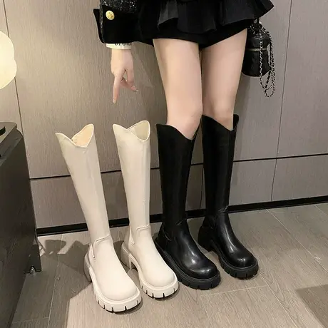 长筒靴女2023年春秋季新款超火炸街时尚瘦瘦靴粗跟高跟v口骑士靴商品大图