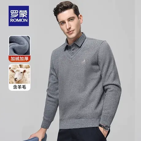 【含羊毛加绒保暖】罗蒙男士商务针织衫2023秋季新款假两件毛衣男商品大图